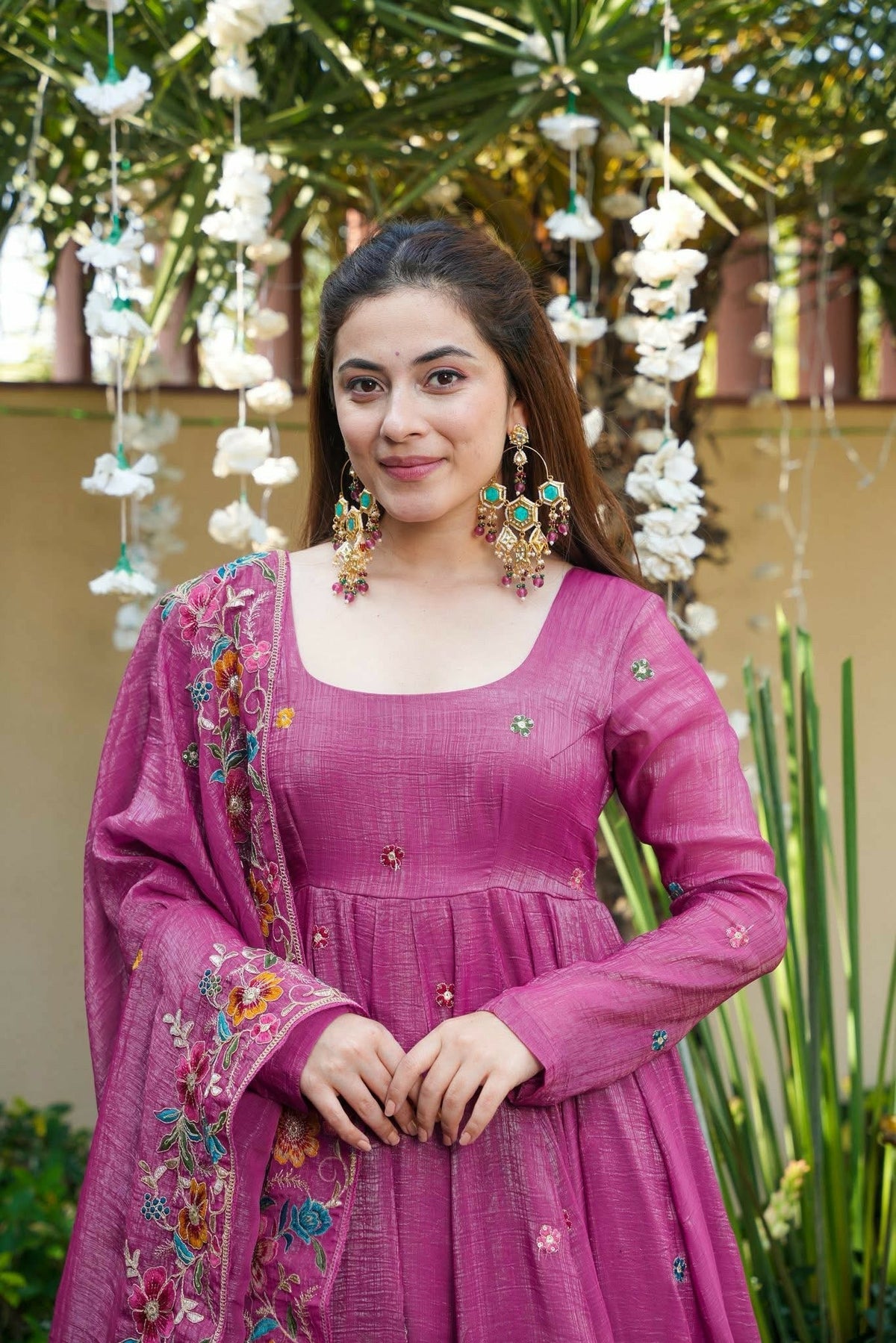 Magenta Pink Floral Crunchy Silk Anarkali Suit Set