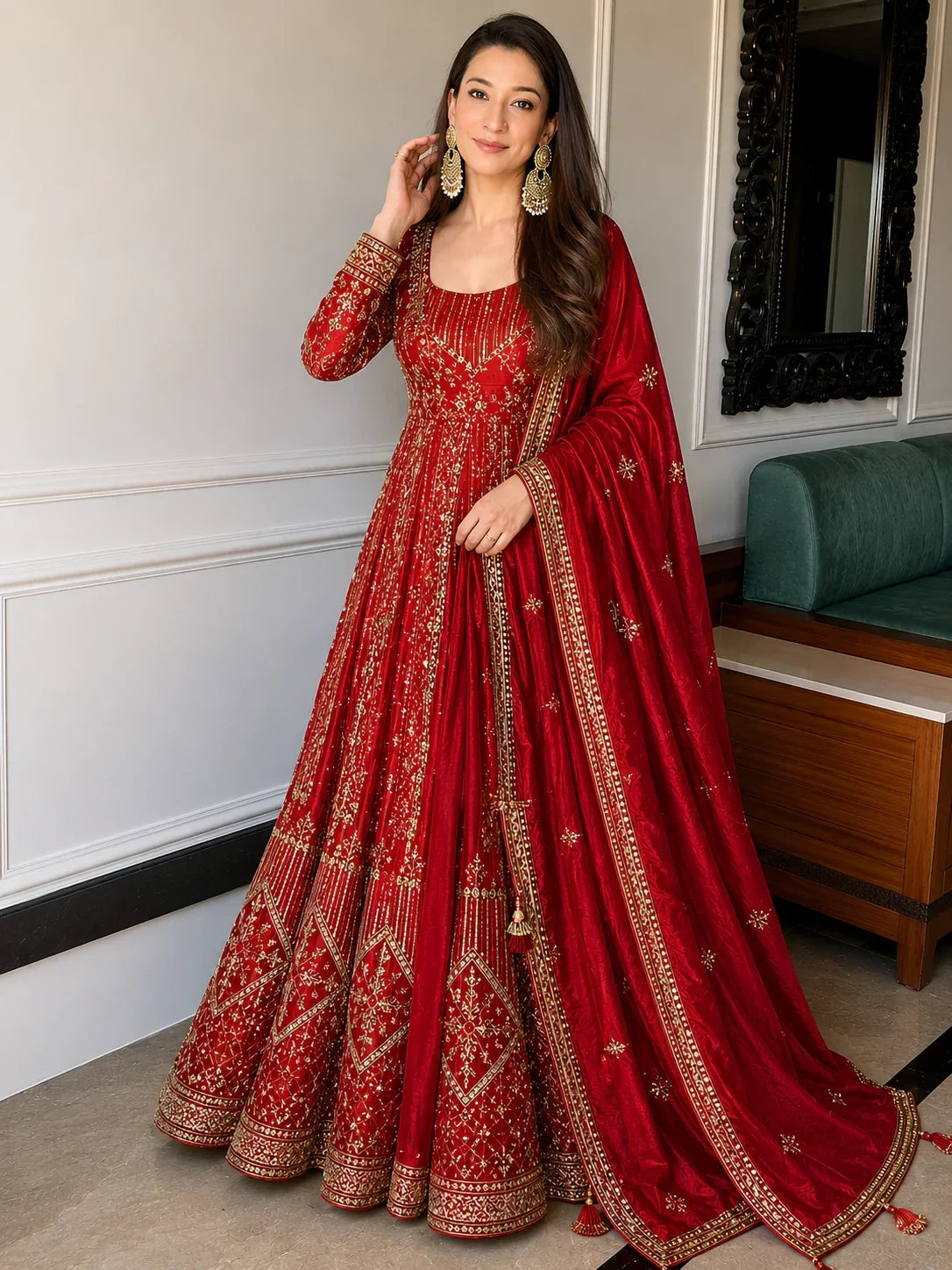Red Crunchy Silk Embroidered Anarkali Suit Set