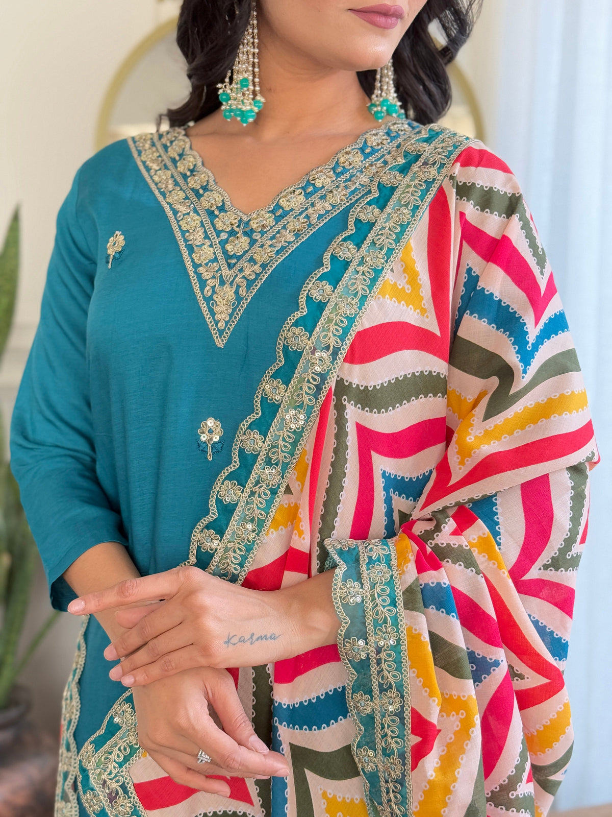 Teal Blue Embroidered Kurta Pant