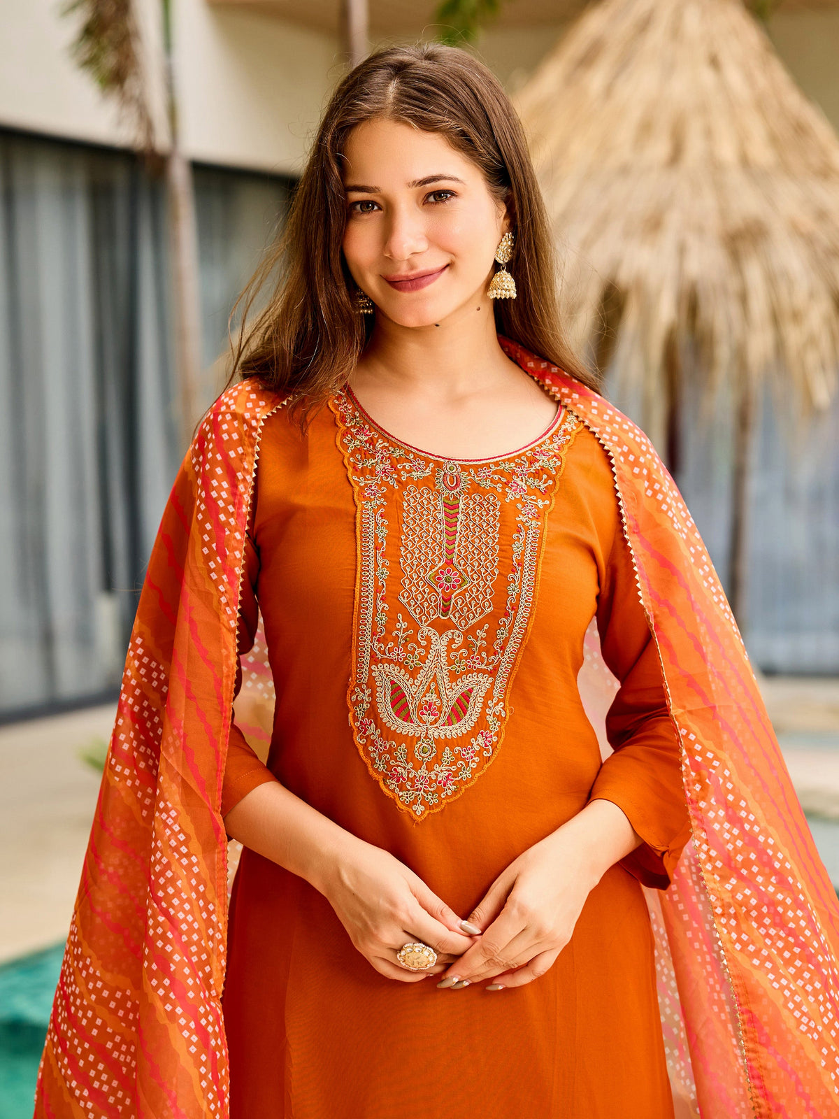 Sunset Aura Orange Viscose Silk Suit Sets
