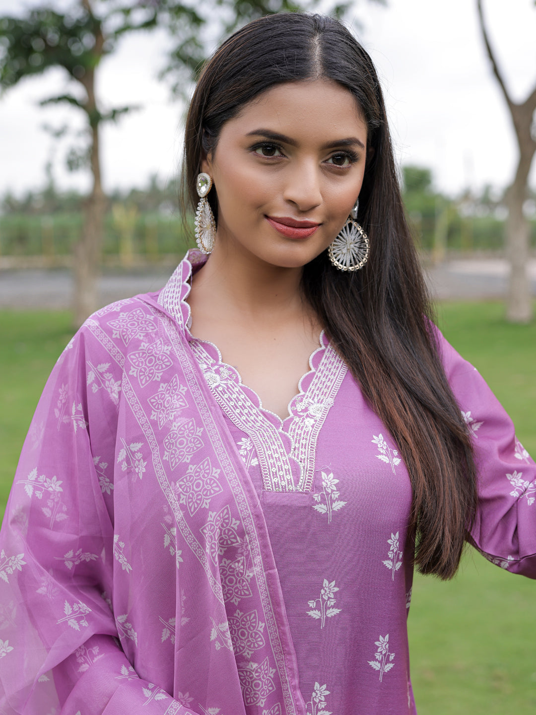 Mauve Cotton Embroidered Kurta Pant Set