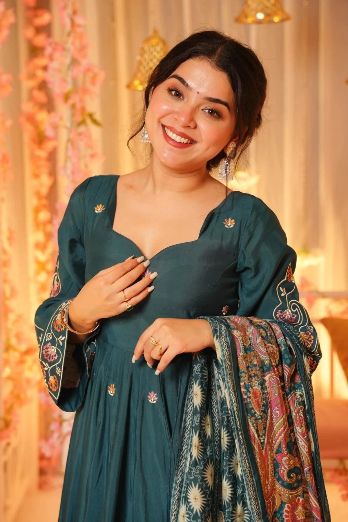 Dark Green Embroidered P.V. Chanderi Anarkali Set