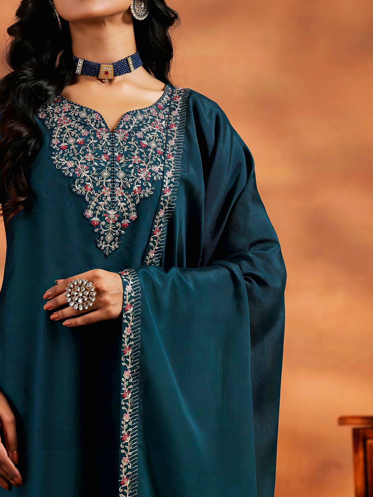 Teal Blue Embroidered Vichitra Suit Set