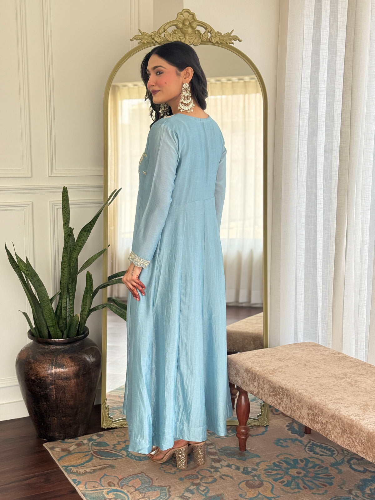 Grey Embroidered Vichitra Silk Anarkali Suit Set