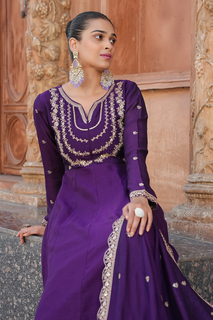 Wine Embroidered Vichitra Silk Anarkali Suit Set