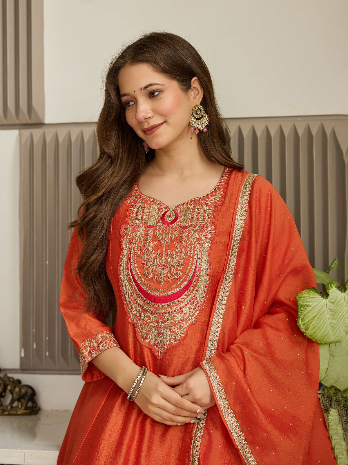 Rust Orange Chanderi Anarkali Kurta Pant Set