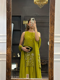 Olive Green Embroidered Sleeveless Sharara Suit Set
