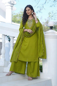 Olive Green Embroidered Viscose Silk Suit Set