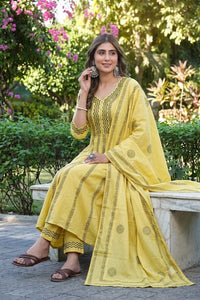 Mustard Yellow Printed Cotton Suit Set