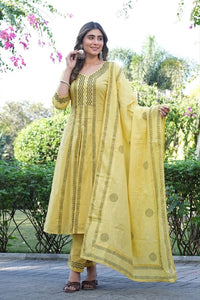Mustard Yellow Printed Cotton Suit Set