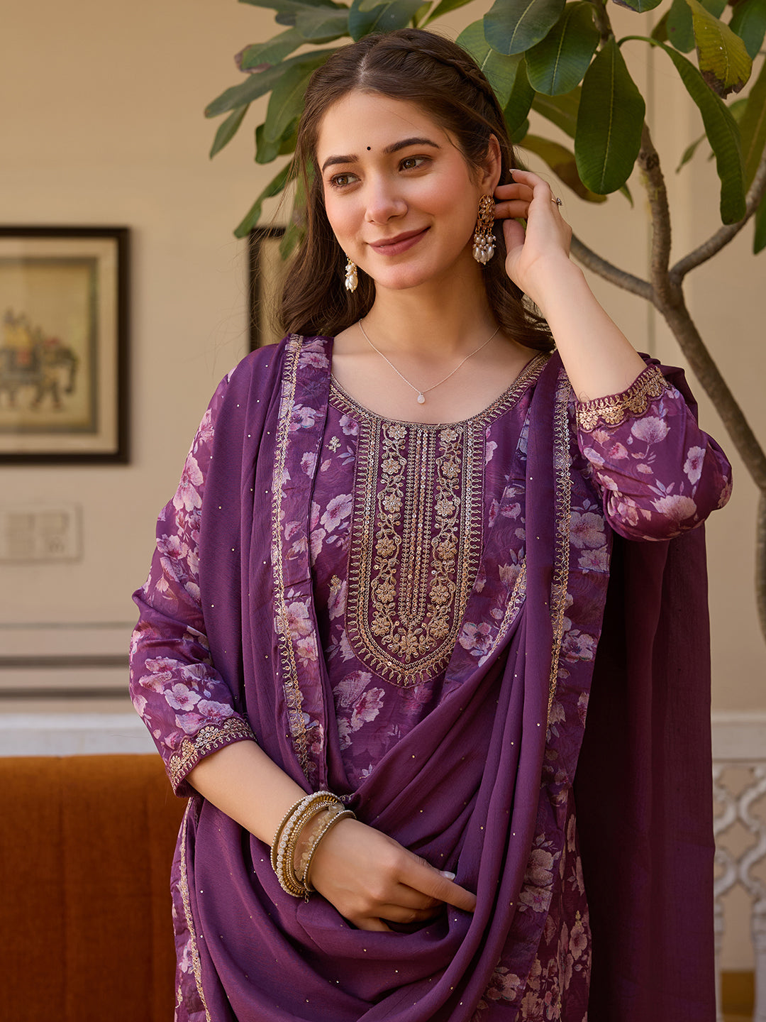 Purple Floral Printed Suit Sets