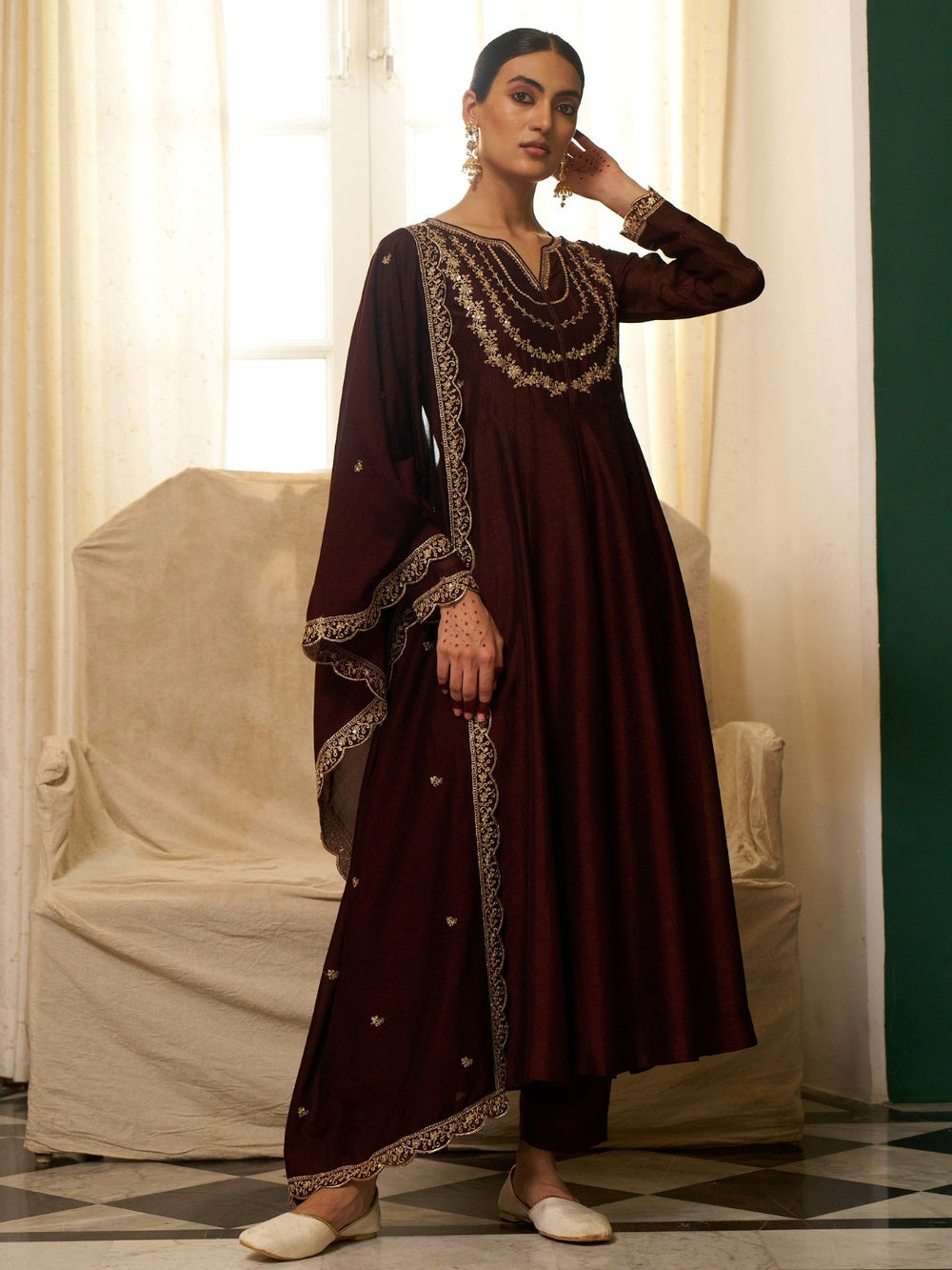 Brown Embroidered Vichitra Silk Anarkali Suit Set