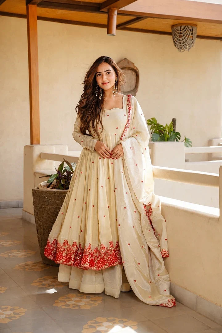Women’s Cream Silk Embroidered Anarkali Suit Set with Dupatta & Palazzo