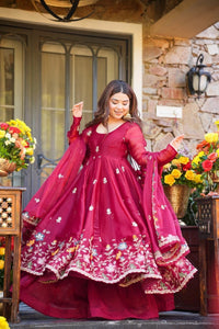 Wine Floral Crunchy Silk Anarkali Suit Set