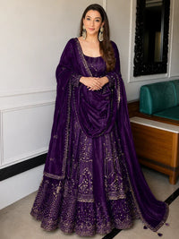 Purple Crunchy Silk Embroidered Anarkali Suit Set