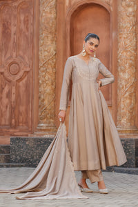 Beige Embroidered Vichitra Silk Anarkali Suit Set