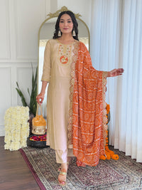 Beige Silk Blend Kurta Pant Set