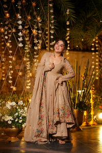 Beige Floral Embroidered Crunchy Silk Anarkali Suit Set