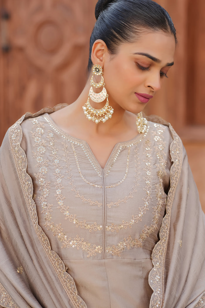 Beige Embroidered Vichitra Silk Anarkali Suit Set