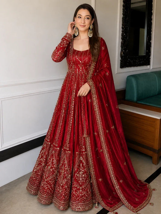 Red Crunchy Silk Embroidered Anarkali Suit Set
