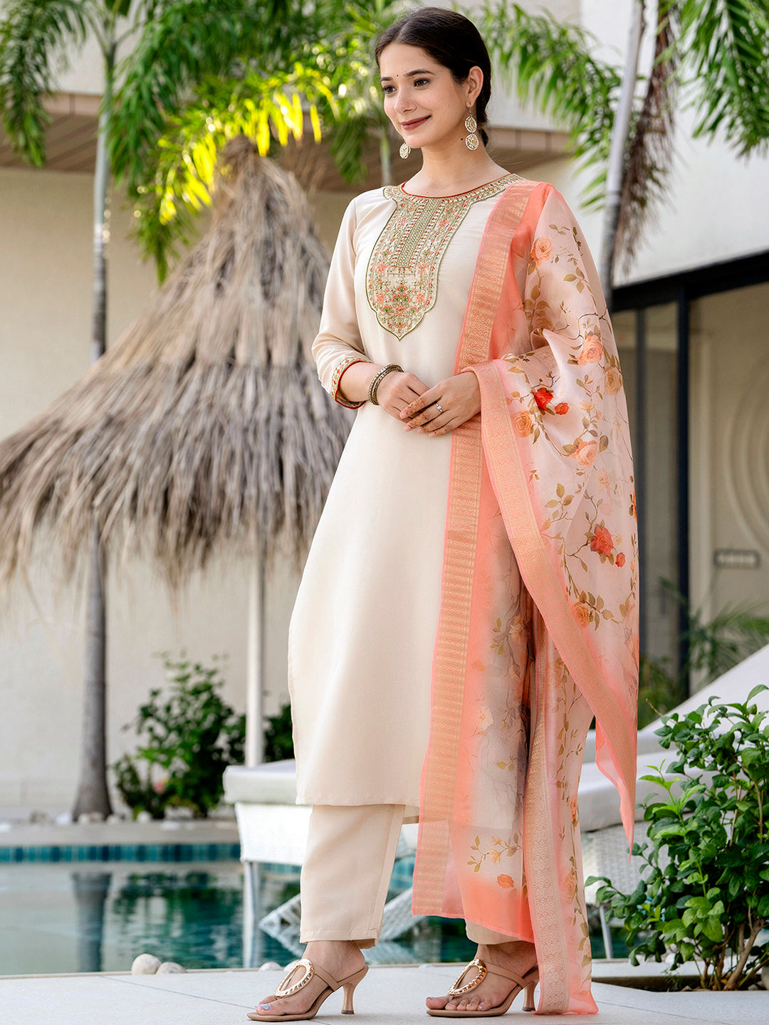 Cream Silk Embroidered Suit Sets