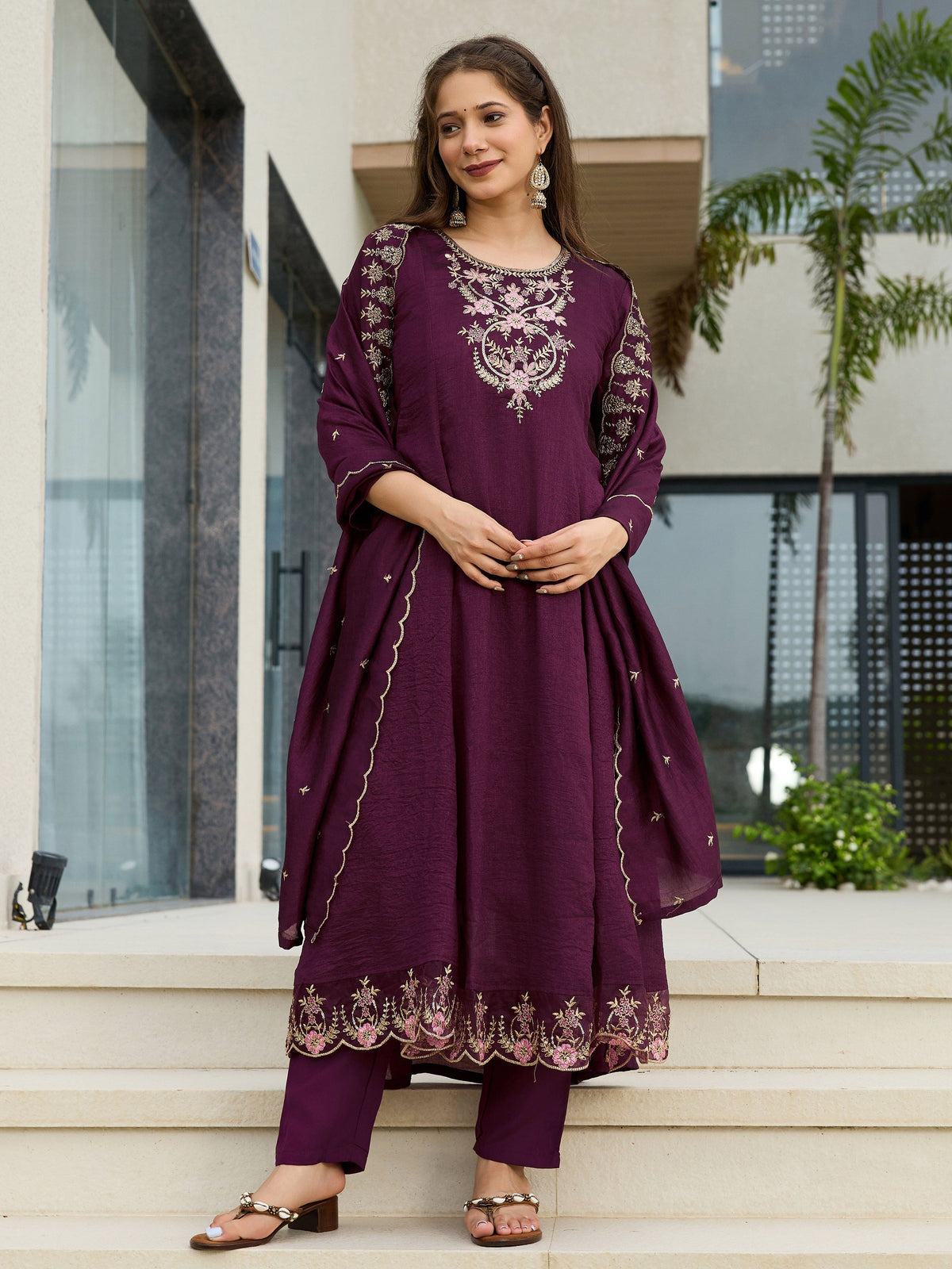 Noorika Plum Embroidered Anarkali Kurta Set