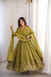 Olive Green Crunchy Silk Anarkali Suit Set