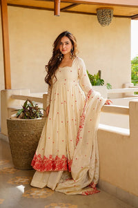 Women’s Cream Silk Embroidered Anarkali Suit Set with Dupatta & Palazzo