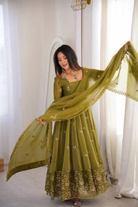 Olive Green Crunchy Silk Anarkali Suit Set