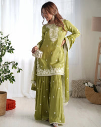 Olive Green French Crepe Sharara Suit Set