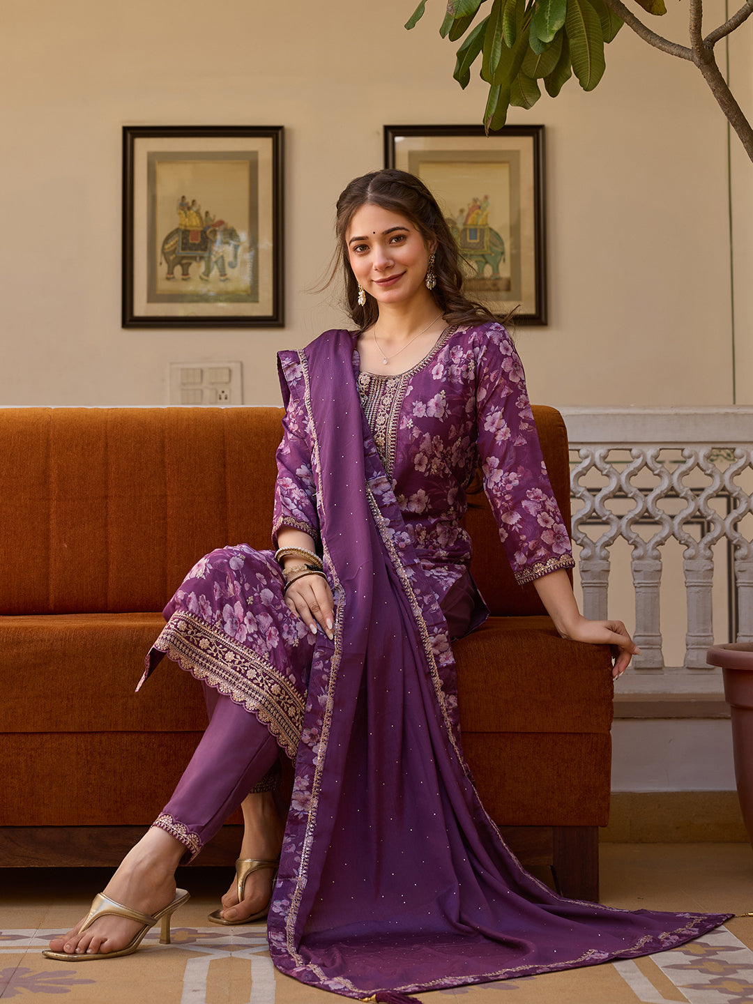 Purple Floral Printed Suit Sets