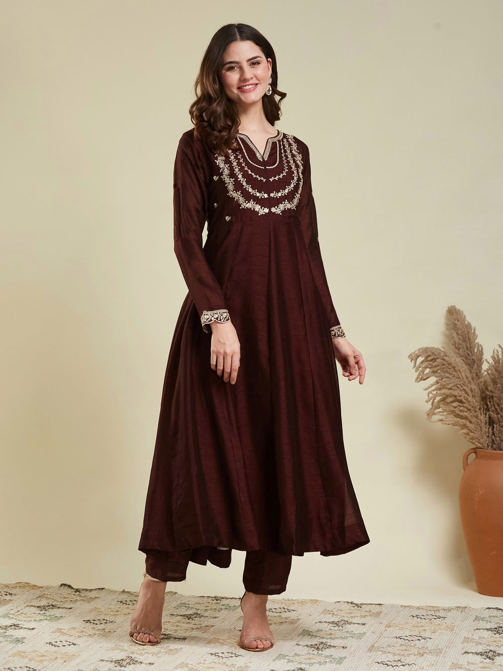 Brown Embroidered Vichitra Silk Anarkali Suit Set