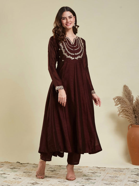 Brown Embroidered Vichitra Silk Anarkali Suit Set