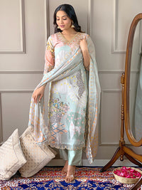 Elegant Pista Floral Printed Kurta Set
