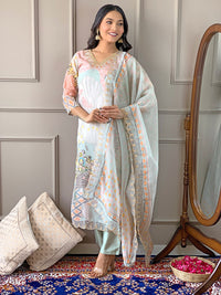 Elegant Pista Floral Printed Kurta Set