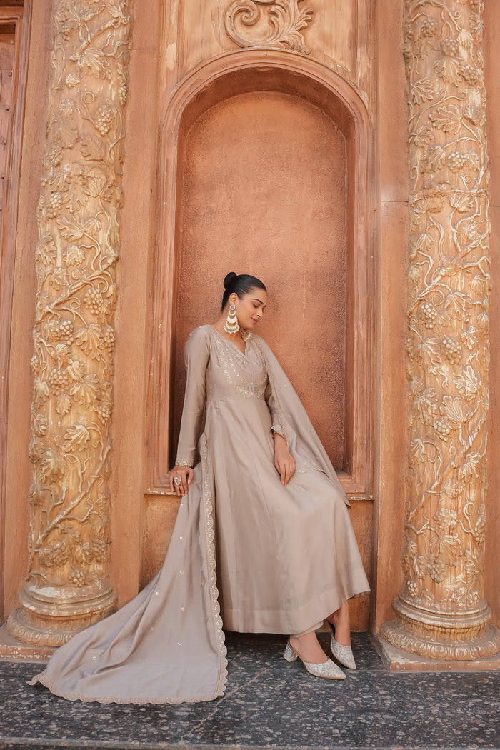 Beige Embroidered Vichitra Silk Anarkali Suit Set