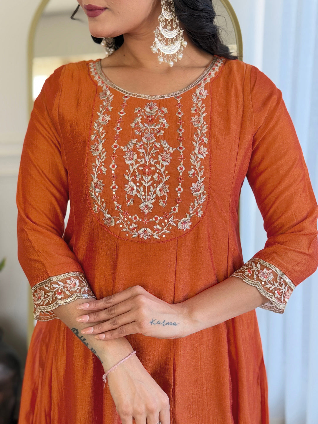 Rust Orange Silk Embroidered Flared Anarkali Kurta Set