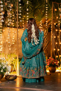 Teal Floral Embroidered Crunchy Silk Anarkali Suit Set