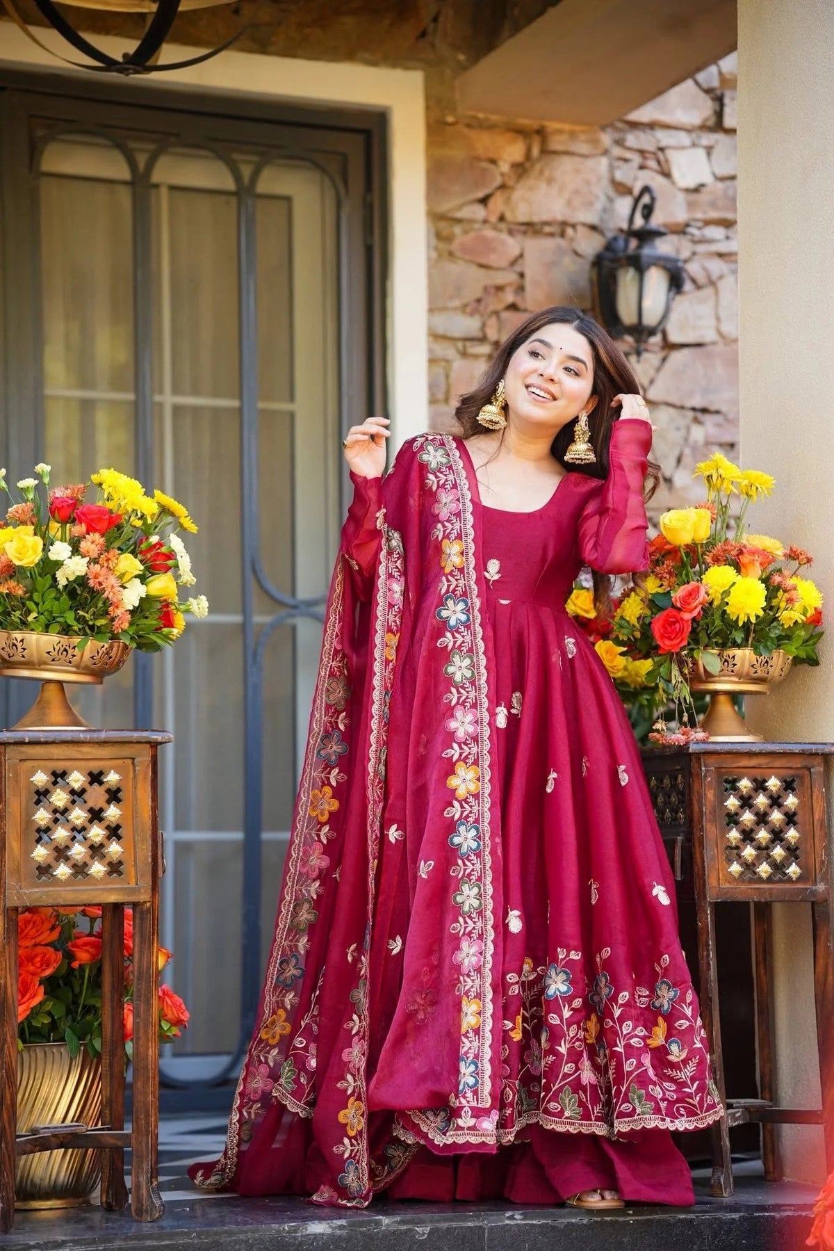 Wine Floral Crunchy Silk Anarkali Suit Set