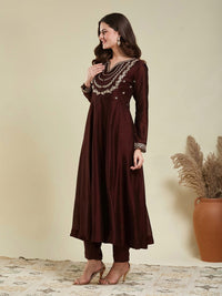 Brown Embroidered Vichitra Silk Anarkali Suit Set