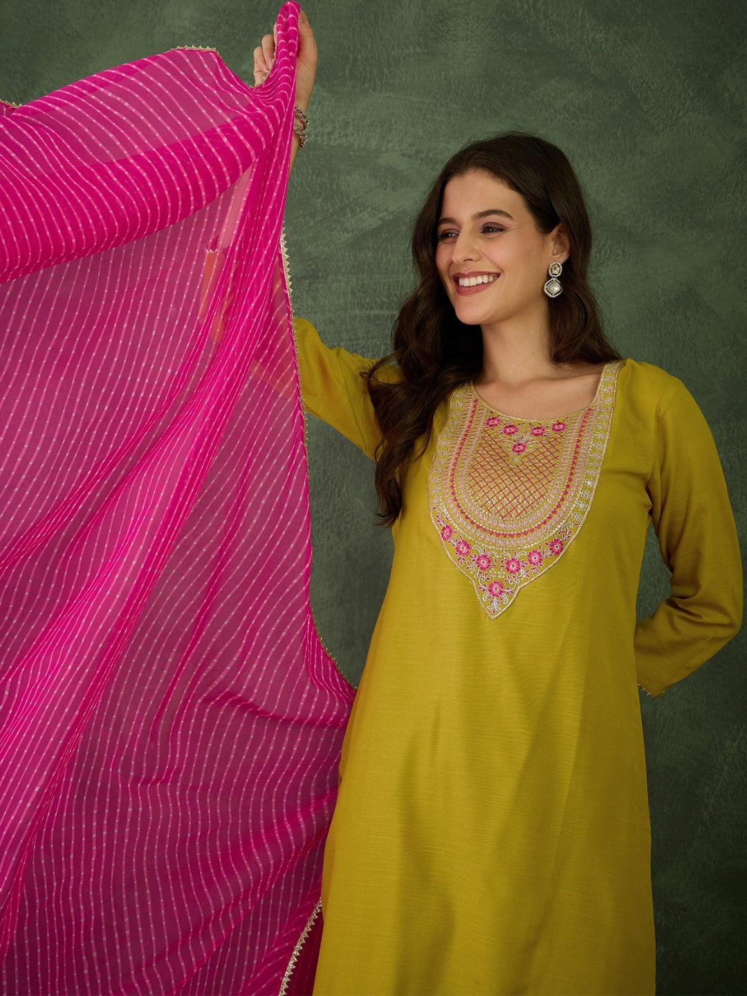 Lime Green Embroidered Chanderi Suit Sets