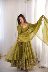 Olive Green Crunchy Silk Anarkali Suit Set