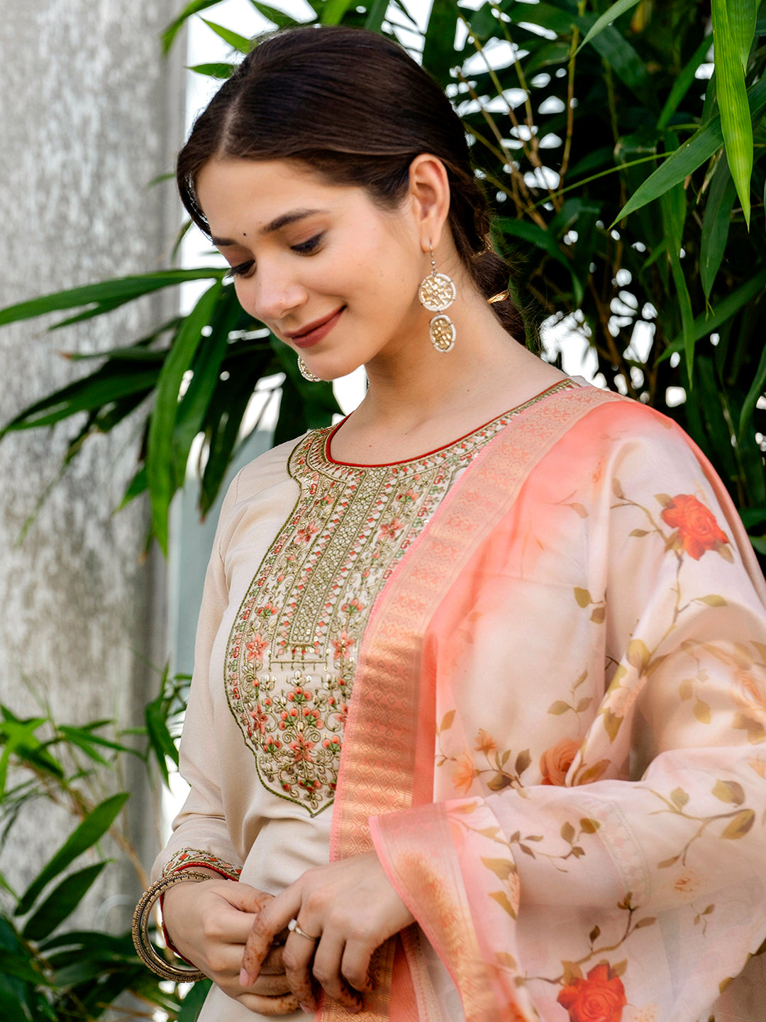 Cream Silk Embroidered Suit Sets