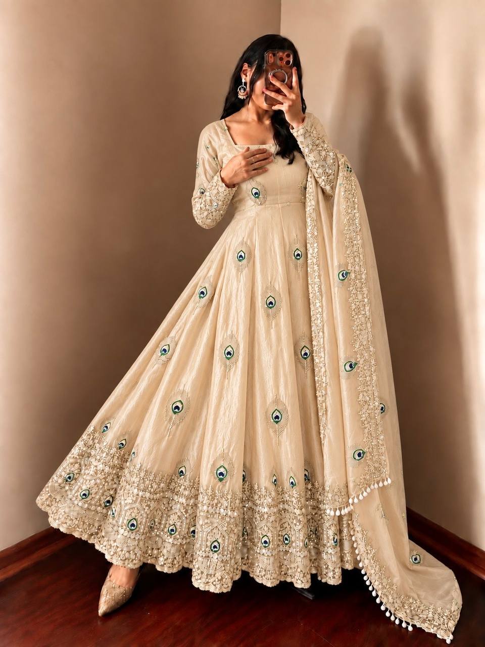 Cream Silk Embroidered Anarkali Gown