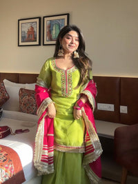 Parrot Green Embroidered Sharara Suit Set with Dupatta