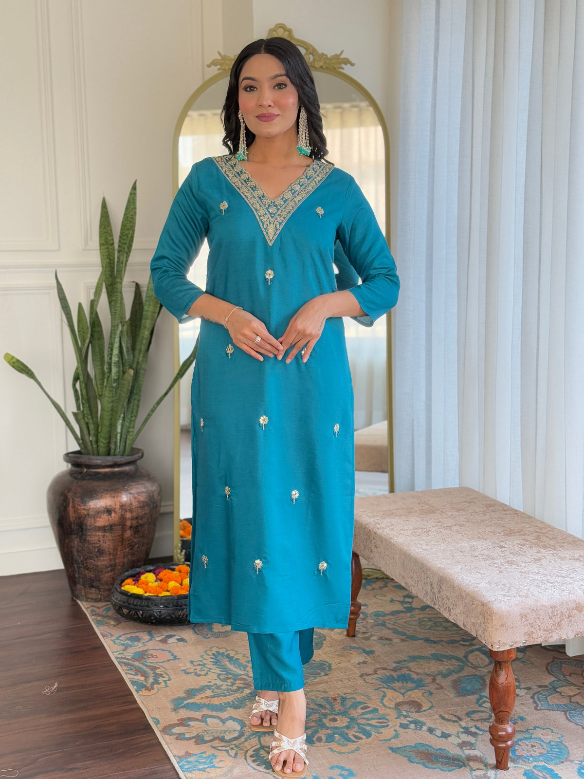 Teal Blue Embroidered Kurta Pant