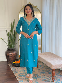 Teal Blue Embroidered Kurta Pant