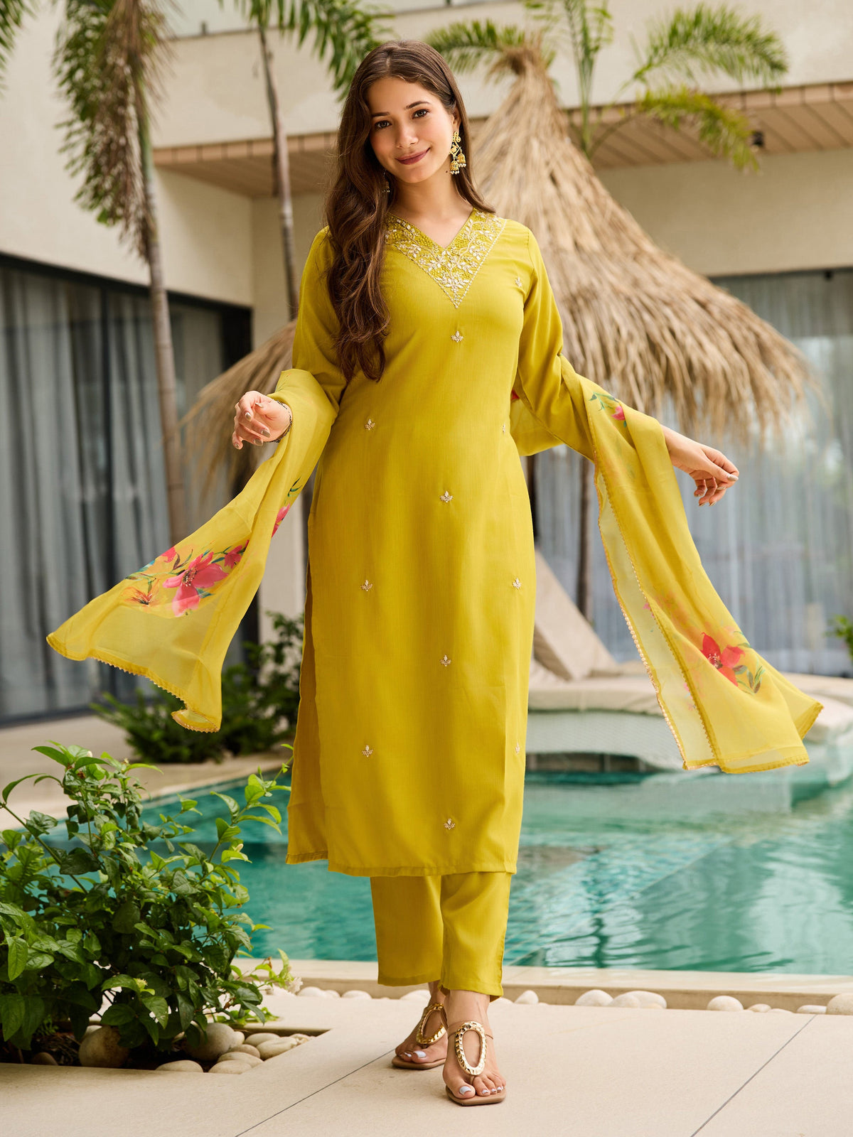 Olive Lime Green Embroidered Suit Sets