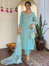 Aqua Bloom Floral Kurta Pant Dupatta Set