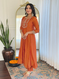 Rust Orange Silk Embroidered Flared Anarkali Kurta Set